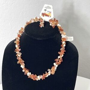VINTAGE Red Onyx & Freshwater Pearl Hawaiian Tropical Necklace Earrings Set